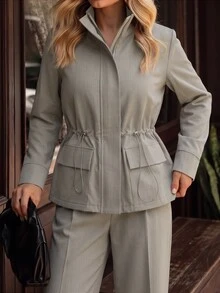 SHEIN LUNE CURVE Plus Size Women's Casual Minimalist Long Sleeve Turtleneck Jacket, Suitable For Commuting, Office, Teacher's Day, Workplace, Party, And Outing Wear - Light Grey - View 1