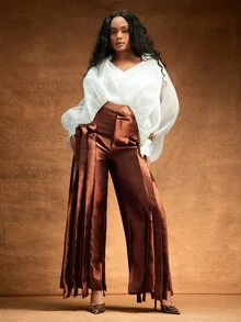 Vixey Structural Satin Wide Leg Trousers, Elegant Party, Dinner Date, Statement Pants, Holiday, Event Dressing - Brown - View 3