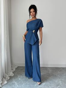 Elenzga Conjunto de Top de Denim con Cuello Asimétrico, Manga Murciélago y Cintura Fruncida de Metal & Pantalones de Pierna Ancha - Azul - Ver 5