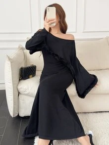 Feyla Women's Solid Color Asymmetrical Shoulder Casual Daily Knit Dress - Black - View 6