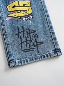 SpongeBob SquarePants | SHEIN Young Girl Cartoon Pattern Print Pocket Fashion Denim Jeans - Baby Blue - View 6