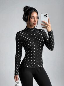 Easithlete Easithlete Women's Autumn/Winter Split Line Decor Black & White Polka Dot Print Zipper Jacket - Black and White - View 3