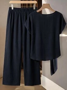 SHEIN Clasi 大尺碼極簡風前綁帶上衣與長褲2件套 日常穿著 - 藏蓝色 - 查看 2