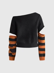 ROMWE Goth Women's Halloween Pumpkin Knit Sweater - Black - View 2