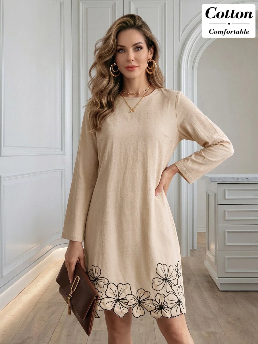 Medorina Women's Fashion Embroidered Long Sleeve Dress For Vacation And Dating - Apricot - View 1