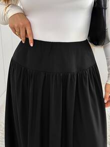 Shapeblank Plus Size Women Solid Color Pleated Casual Versatile Daily Wear Skirt - Black - View 6