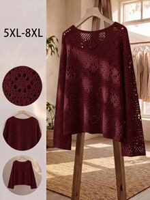 SHEIN CURVE+ Pullover Ukuran Besar Motif Bunga Berlubang dengan Lengan Kelelawar, Pullover Rajut Hijau, Musim Gugur dan Dingin 2026 22W - Burgundy - View 2