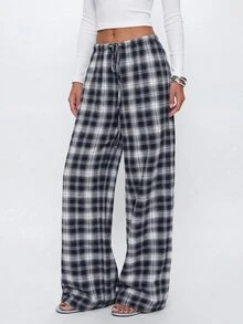 Avantive Women's Plaid Pattern Loose Casual Long Pants - Navy Blue - View 4