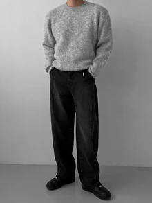 DAZY Autumn/Winter Brushed Grey Heather Long Sleeve Ribbed Cuff & Hem Loose Fit Korean Style Casual Men's Sweater - Grey - View 3