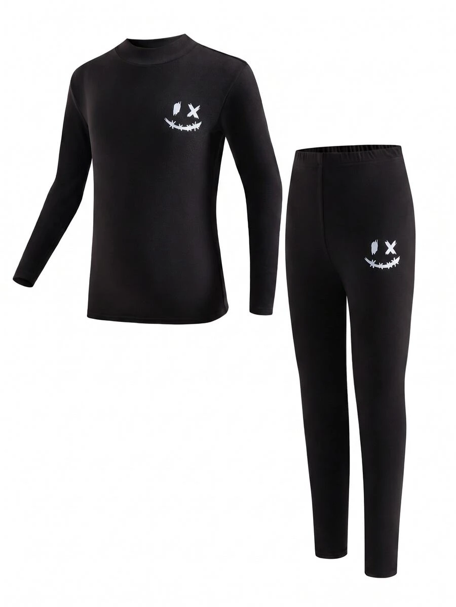 SHEIN 2 Pieces Tween Boy Casual Pure Color Warm Middle Collar Long Sleeve Shirt And Long Pants Underwear Set Suitable For Base Warm Clothes - Multicolor - View 1