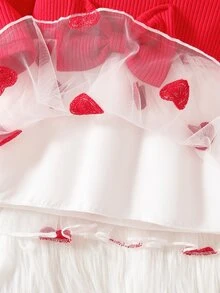 SHEIN 新生兒女嬰 2 件套洋裝上衣，針織拼接優雅網紗紅色愛心刺繡薄紗羅紋洋裝褲裝襯衫 - 紅色 - 查看 8