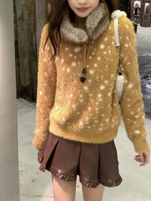 DAZY Women's Round Neck Colorblock Autumn/Winter Niche Korean Style Long Sleeve Sweater - Khaki - View 4