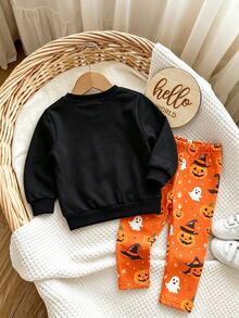 Oo Cute To Spook 幼女萬聖節服裝，可愛幽靈娃娃與南瓜圖案內搭褲套裝（2件組），秋季穿搭系列 - 彩色 - 查看 2