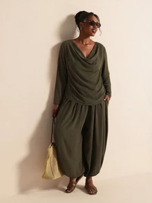 Elaquor Plus Size Women's Stacked Collar Long Sleeve Top And Pants 2 Pieces Set - Army Green - View 4