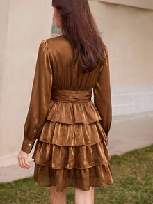 BELROSIE 法式風格V領甜美碎花度假短款層次雪紡長袖蛋糕裙女款迷你洋裝 - 咖啡 - 查看 2