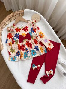 SHEIN Baby Girl Knitted Floral Pattern Round Neck Casual T-Shirt & Long Pants 2pcs Set - Multicolor - View 7