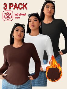 SHEIN EZwear 3件組大尺碼女款天鵝絨保暖修身長袖T恤，多色保暖 - 巧克力棕 - 查看 1