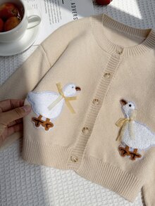 SHEIN Vintaside Kids 女童粉色圓領針織開襟毛衣，柔軟田園風，3D毛巾繡花蝴蝶結，可愛甜美卡通休閒款，適合秋冬外出、旅行、玩耍與戶外遠足 - 黃色 - 查看 5
