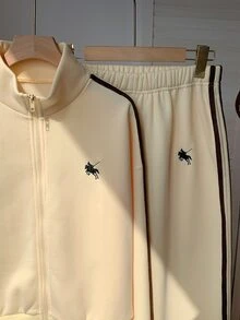 Comfortcana Women's Streetwear Embroidered Zip-Up Jacket & Striped Colorblock Pants 2pcs Set - Light Yellow - View 8