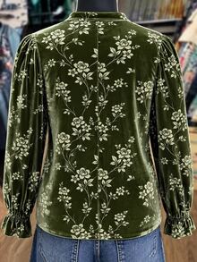 Linhara Blus Wanita Ukuran Plus Elegan, Kasual, Minimalis & Serbaguna Motif Acak Hijau Vintage Lengan Lebar dengan Bagian Depan Setengah Terbuka dan Kerah Tegak Kecil, Cocok untuk Musim Semi dan Gugur - Hijau - View 2