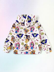 THE POWERPUFF GIRLS X SHEIN 1件青少年女孩休閒百搭彩色卡通圖案連帽寬鬆長袖衛衣，適合日常穿著、秋冬室內運動、攝影、節慶生日 - 彩色 - 查看 3