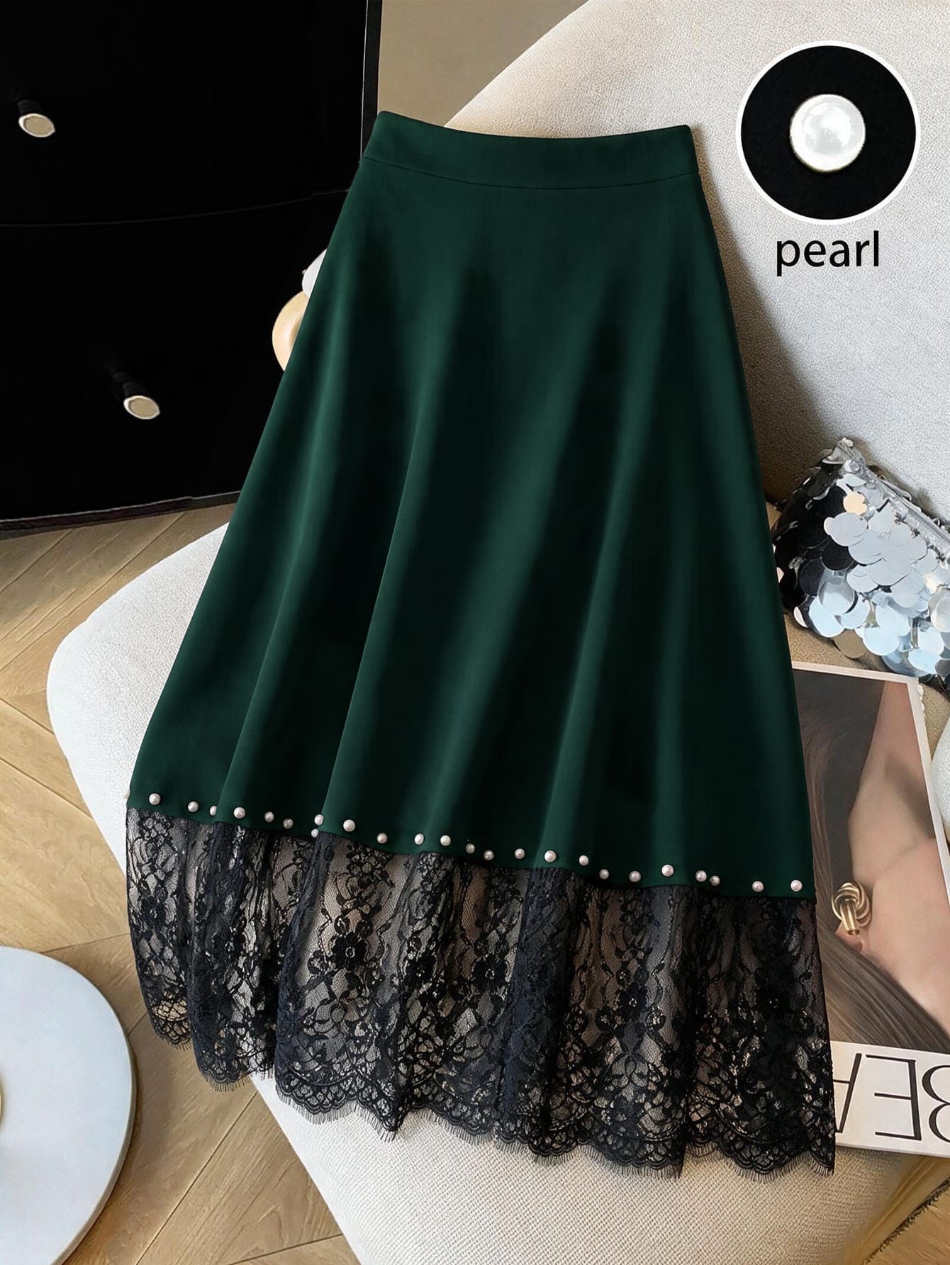 GlowEve CURVE Plus Size Black Pearl & Contrast Lace A-Line Skirt - Green - View 1
