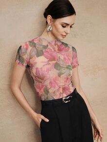 Anewsta Essential Spring Summer New Elegant Fashion Casual Outdoor Professional Holiday Date Vacation Print Elastic Mesh Women Blouse - Pink - View 4