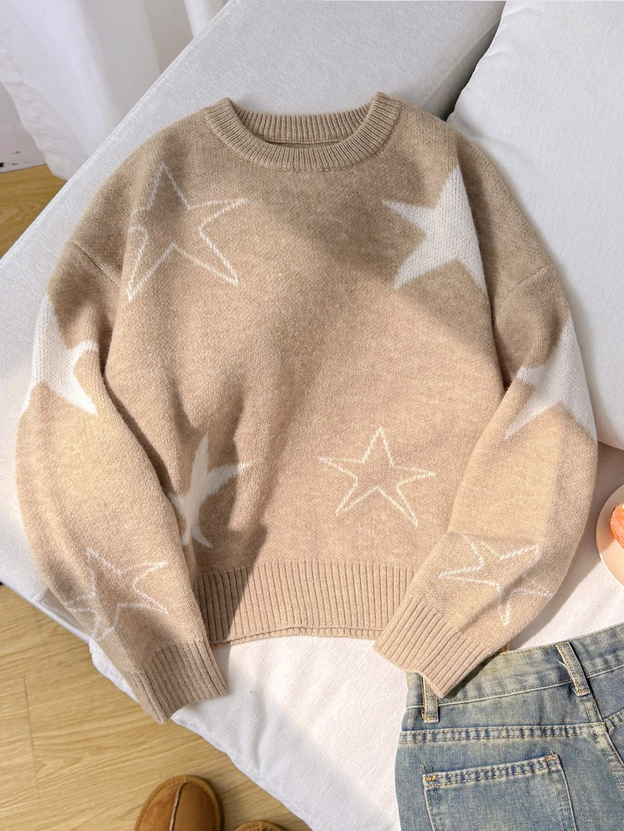SHEIN 青少年女孩星星圖案落肩圓領長袖休閒毛衣 - 棕色 - 查看 1