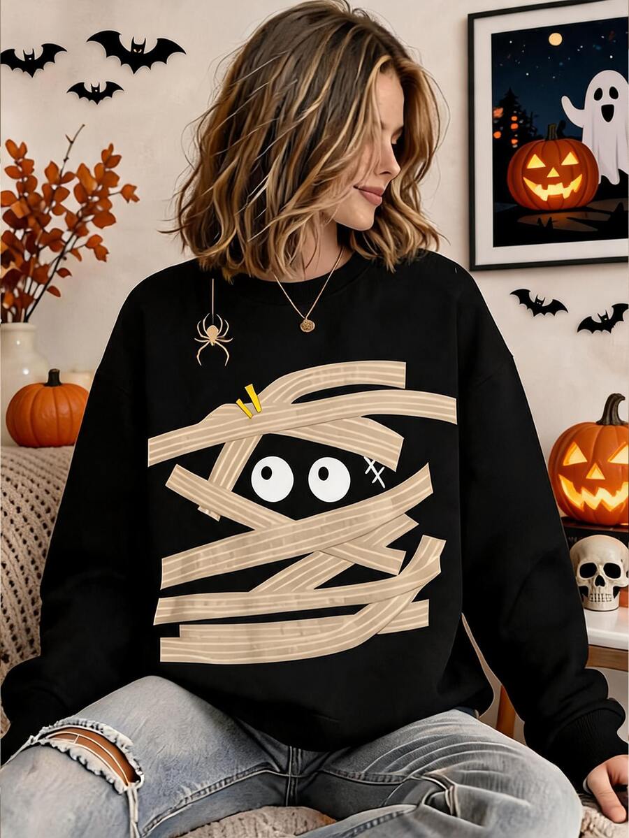 SHEIN LUNE Women's Crew Neck Loose Halloween Sweatshirt, Autumn/Winter - White - View 1