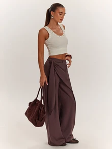 SHEIN BAE Fall Clothes For Women's Loose Solid Color Knot Asymmetric Design Casual Long Pants - Coffee Brown - View 7
