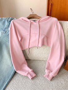 SHEIN EZwear 抽繩設計超短版連帽衛衣－黑白配色，秋冬長袖上衣 - 粉色 - 查看 5