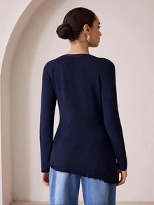 Graceveil Women's Asymmetrical Ruffle Cinched Waist Long Sleeve Sweater, Autumn/Winter - Navy Blue - View 2
