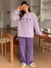 DAZY 極簡星星印花寬鬆短袖上衣與長褲兩件套女款居家休閒服裝 - 紫色 - 查看 3