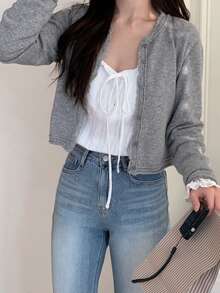DAZY Women's Long Sleeve Button Knit Lace Cardigan - Grey - View 6