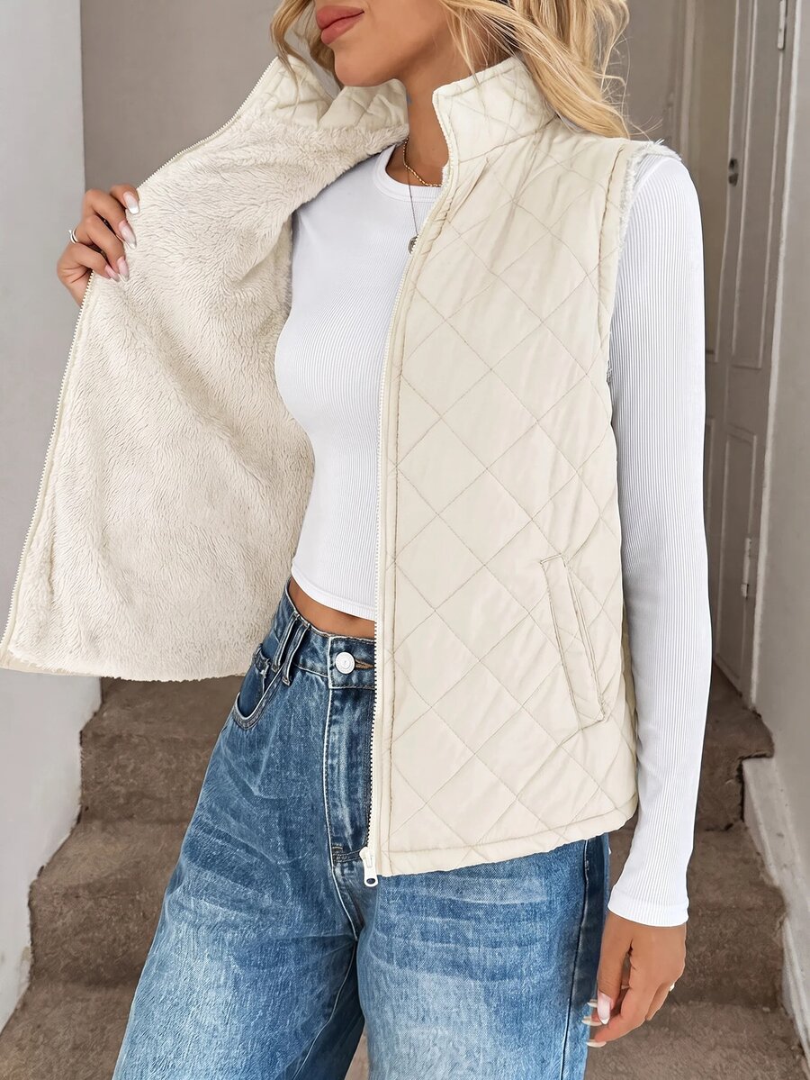 Easowa Zip Up Teddy Lined Vest Quilted Coat In Fall/Winter - Apricot - View 1