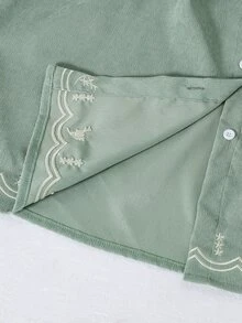 SHEIN Vintaside Kids 女童春秋鼠尾草綠溫柔風鄉村復古簡約羅紋刺繡長袖洋裝，修身優雅，適合海灘派對 - 薄荷綠 - 查看 3