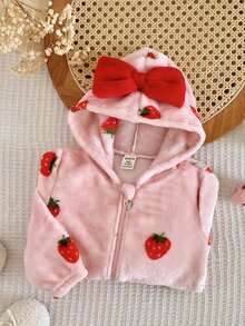 SHEIN Bộ romper trẻ em gái dệt kim màu trơn họa tiết dâu tây có mũ lông giả phong cách thường ngày - Nhiều màu - Xem 5