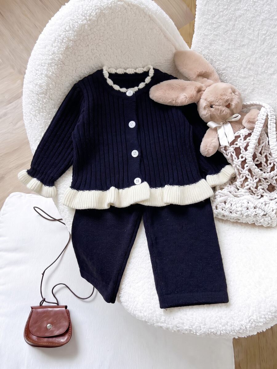 SHEIN Set Kardigan Rajut & Celana Bayi Perempuan Warna Biru Navy dengan Aksen Kontras dan Rumbai, Outfit Sweater 2 Potong Bergaya - MultiWarna - View 1