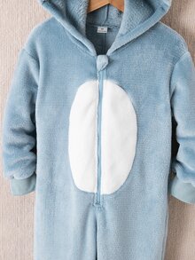 SHEIN 秋冬雙面法蘭絨小男孩連帽長袖連身衣，白色布料拼接前襟，可愛熊刺繡搭配3D耳朵設計，前拉鍊，毛絨面料舒適睡衣家居服 - 藍色 - 查看 3