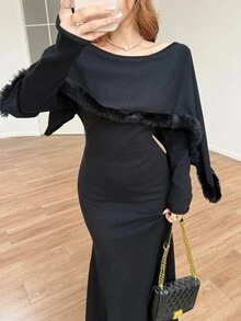 Feyla Women's Solid Color Asymmetrical Shoulder Casual Daily Knit Dress - Black - View 4