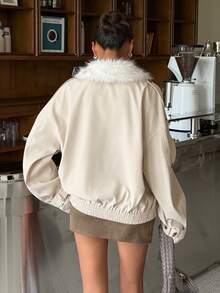 Muchica A Women's Long-Sleeved, Double-Breasted Winter Trench Coat Suitable For The Workplace, Featuring Button Closures And A Faux-Fur Collar. - Khaki - View 2