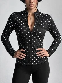 Easithlete Easithlete Women's Autumn/Winter Split Line Decor Black & White Polka Dot Print Zipper Jacket - Black and White - View 1