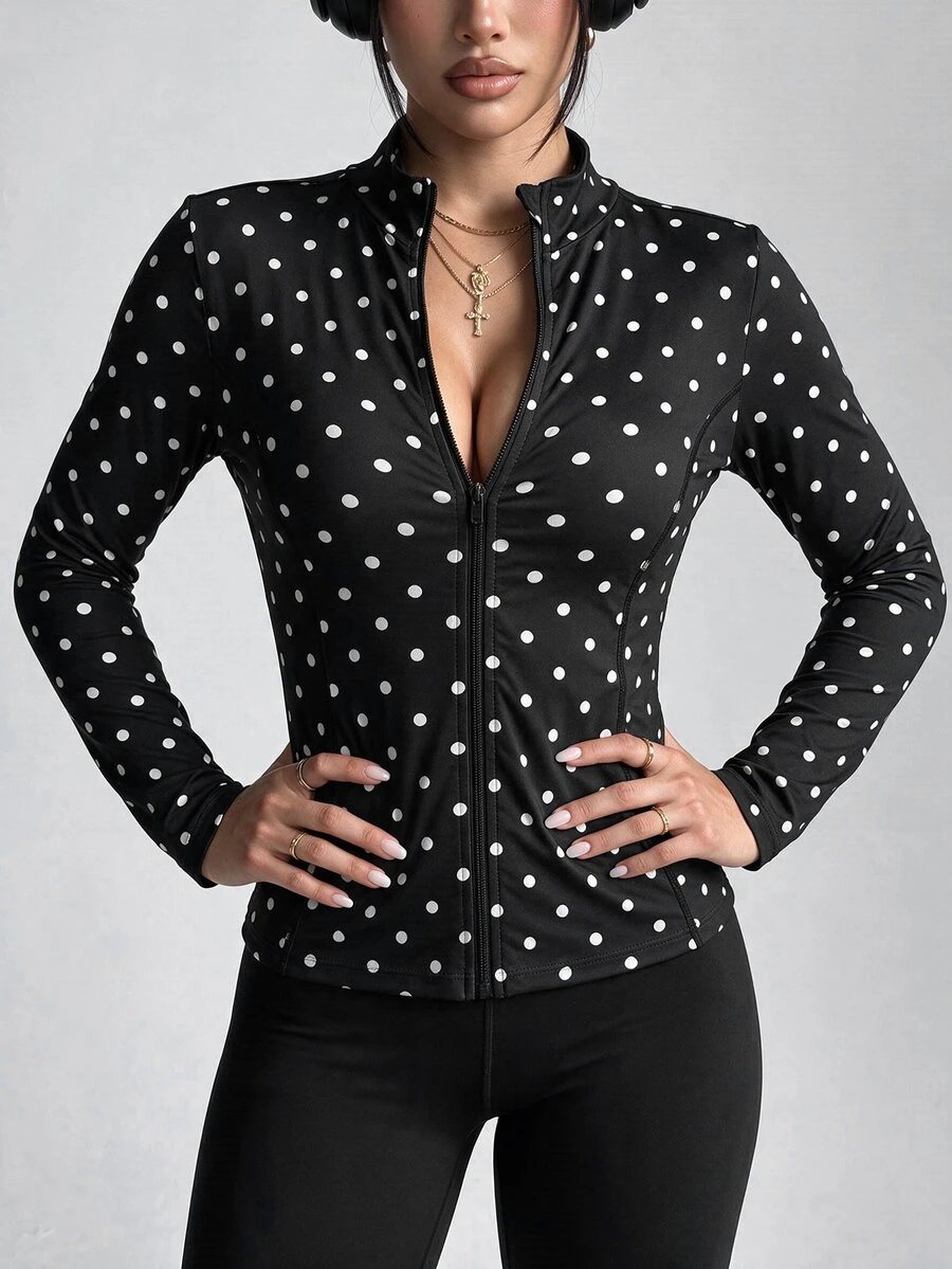 Easithlete Easithlete Women's Autumn/Winter Split Line Decor Black & White Polka Dot Print Zipper Jacket - Black and White - View 1