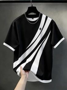 Manfinity Homme Plus Size Men's Striped Contrast Color Short Sleeve Crew Neck T-Shirt Casual Comfortable - Black and White - View 1