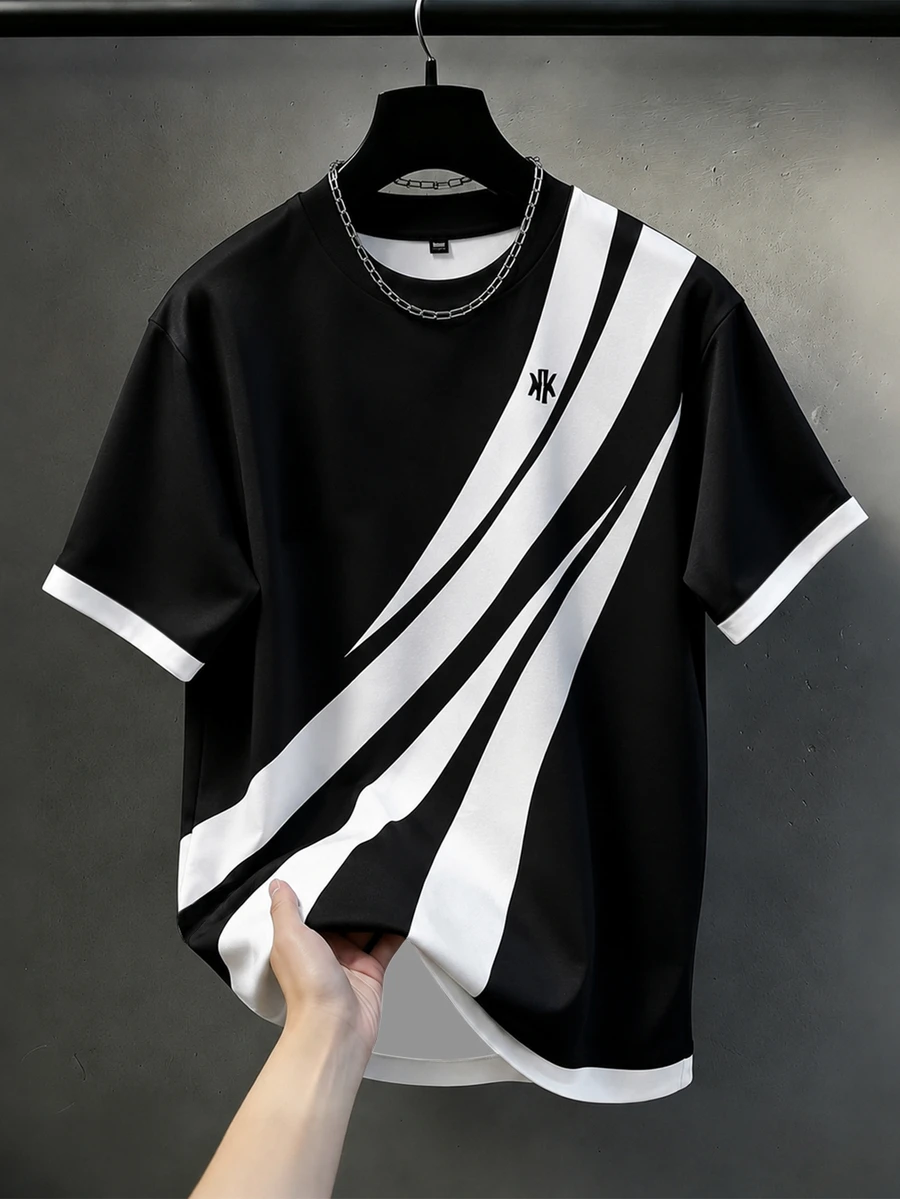 Manfinity Homme Plus Size Men's Striped Contrast Color Short Sleeve Crew Neck T-Shirt Casual Comfortable - Black and White - View 1