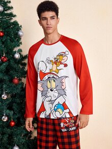 TOM & JERRY X SHEIN Men's Cartoon Print Long Sleeve Top And Plaid Pants Loungewear Set - Red and White - View 5