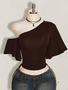 SHEIN ICON 女款素色不對稱肩休閒日常穿搭上衣 - 咖啡棕 - 查看 7