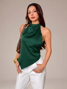 SHEIN PETITE 女款性感露背掛脖上衣，優雅適合派對、通勤與度假，夏季穿著 - 墨綠色 - 查看 6