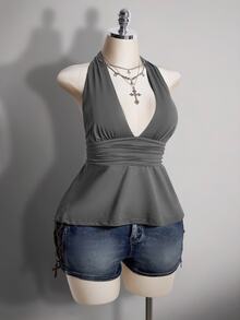 SHEIN ICON 大尺碼掛脖深V領收腰A字露背灰色背心，復古性感優雅Y2K娃娃裝，適合外出夜店夏季穿搭 - 灰色 - 查看 9