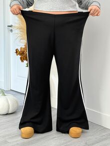 SHEIN CURVE+ Quần ống loe ôm dáng dệt kim gân màu đen cho nữ size lớn, thu đông - màu đen - Xem 3